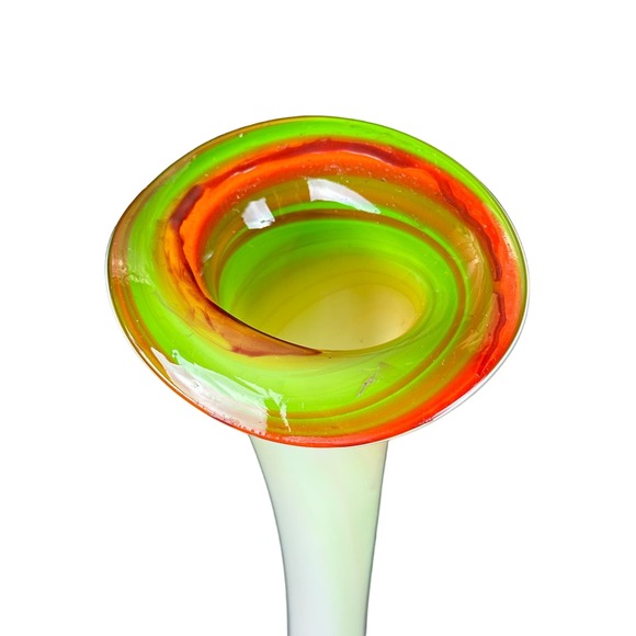 Retro Handblown Glass Vase-Stunning Green White Orange Design 15.5" tall - Picture 2 of 9
